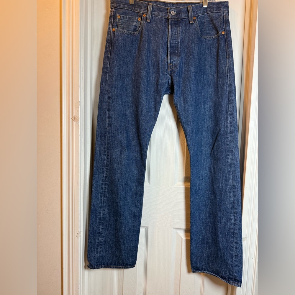 Levis 501 Jeans Unisex Blue Denim Button Fly Classic Straight Red Tag 34” x 32”